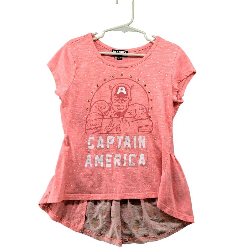 Marvel Girls Size 10/12 Captain America T Shirt Pink High Low Short Sleeve‎